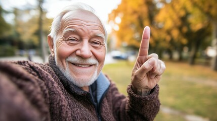 Wall Mural - A man with a beard and white hair is smiling and pointing his finger