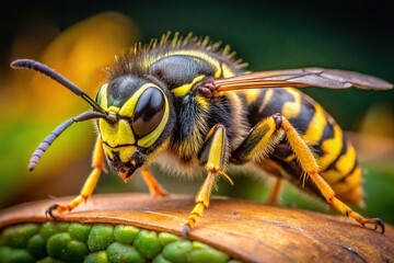 Golden yellow and black stripes adorn the abdomen and thorax of a social wasp, highlighting its intricate design and menacing intentions.