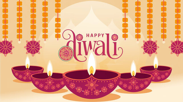 A greeting card illustration with a background of Diya lamps and festive decorations. In the foreground, there is a text that says 