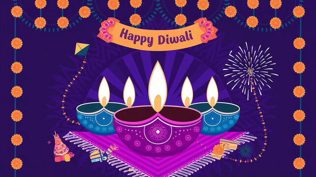 Happy Diwali Indian hindu festival wishing card decorations with colorful Diya on purple background