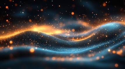 Wall Mural - Abstract Blue And Orange Waves With Sparkling Light Particles