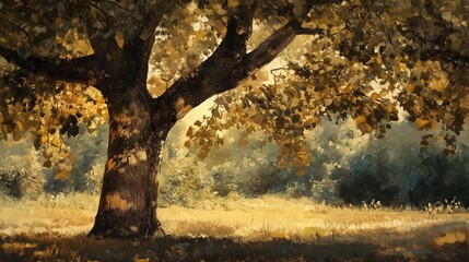 Sticker - A serene afternoon under a large tree in a sunlit meadow surrounded by delicate golden leaves