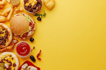 Different fast food on yellow background, flat lay. Space for text with generative ai