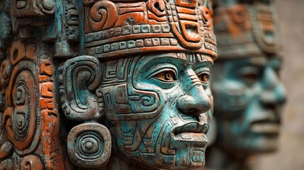 Ancient Maya stone carvings showcasing intricate details and vibrant colors