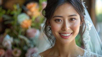 A joyful bride in a delicate lace gown smiles warmly amidst a beautiful floral backdrop at a sunny wedding. Generative AI