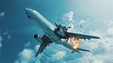 An aircraft experiences a catastrophic event, with flames erupting from one of its engines, soaring above vibrant blue skies and fluffy clouds