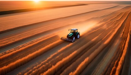 Wall Mural - Golden Fields at Sunset: Aerial View of a Tractor Harvesting Wheat