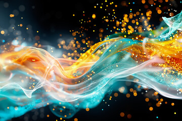 Poster - This vibrant background showcases a blend of flowing waves in orange, turquoise, and white, interspersed with sparkling particles, creating a dynamic and energetic atmosphere
