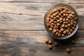 Sticker - dry dog food in bowl on wooden background top view with generative ai