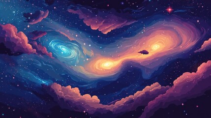 Wall Mural - Two Spiraling Galaxies in a Starry Night Sky with Clouds