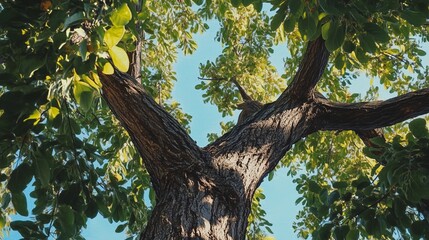 Canvas Print - Majestic tree viewed from beneath with vibrant green leaves and clear blue sky on a sunny day