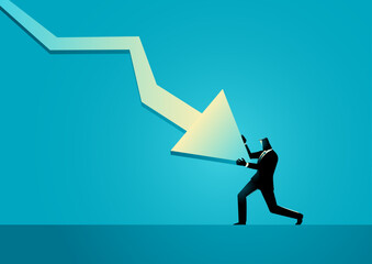 Businessman desperately trying to stop a downward trending arrow from hitting rock bottom. Perfect for representing financial struggles, market downturns, or bankruptcy