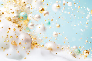 Poster - A visually captivating arrangement of bubbles and pearls in gold and pastel colors creates a luxurious and serene wallpaper. The soft blue background enhances the vibrant details beautifully