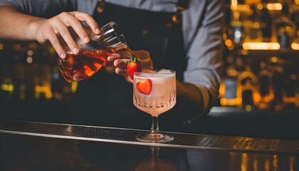 Wall Mural - Bartender pouring a refreshing drink into a wine glass adorned with a vibrant strawberry garnish