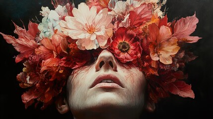 Poster - Woman with Floral Crown - A Surreal Portrait in Red