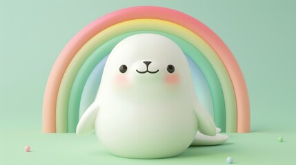 Sticker - A cute cartoon seal in front of a rainbow on a green background.