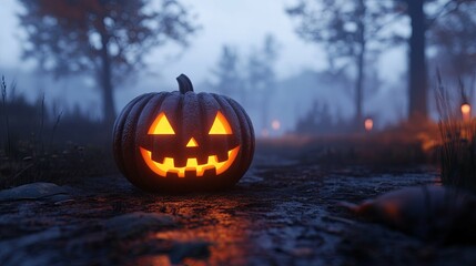 Wall Mural - Illuminated Jack-o'-Lantern on a Foggy Forest Path