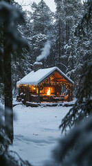 Poster - Secluded Cabin New Year Celebration Amid Snow with Cozy Fire  