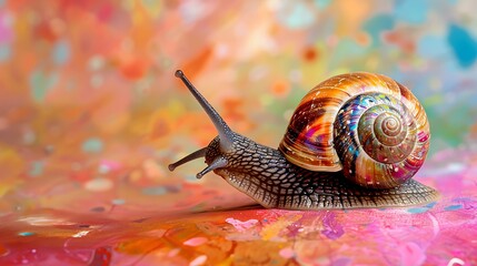 Wall Mural - A snail with a colorful shell on a colorful background.