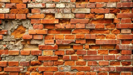 Old red brick wall crumbling showing damage and age as a background