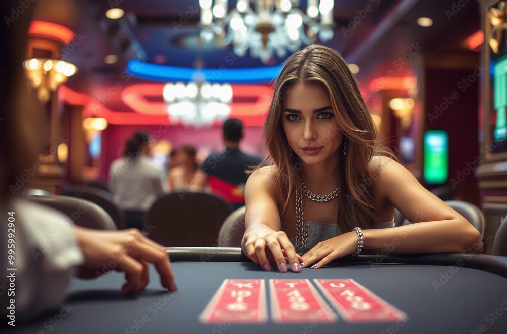 Hands of two women and man play poker in casino with electronic table, focus on woman hand