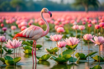 Poster - Graceful flamingo in field of pink lotus flowers