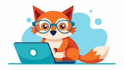 A cute fox wearing glasses is sitting on the laptop with a white background. An owl with glasses and a surprised look. high-quality vector illustration.