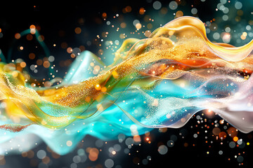 Poster - The artwork features flowing waves of vivid colors, blending shades of gold, turquoise, and white, adorned with scattered light spots, perfect for a modern wallpaper