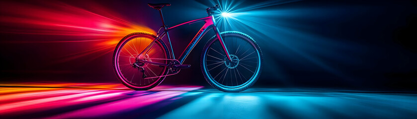 Wall Mural - A Sleek Black Bicycle with Red and Blue Lights, Standing on a Glossy Surface, Creating a Futuristic Scene