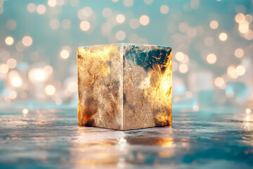 Poster - The shimmering cube of ice captures warm reflections amidst a soft, glowing backdrop. This serene setting evokes a sense of calm and beauty, perfect for a soothing wallpaper or background
