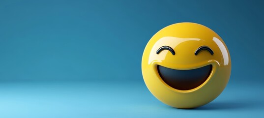 3D Illustration of a Yellow Laughing Emoji Face on Blue Background, Happiness Concept