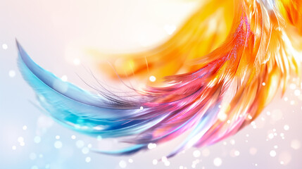 Poster - This artwork showcases vibrant, swirling feathers in hues of blue, pink, and orange, blending beautifully against a soft pastel background, creating an ethereal and soothing atmosphere