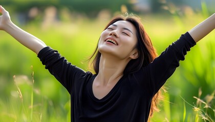 Joyful Asian woman embracing nature in a vibrant meadow, celebrating freedom and mental wellness under a clear sky