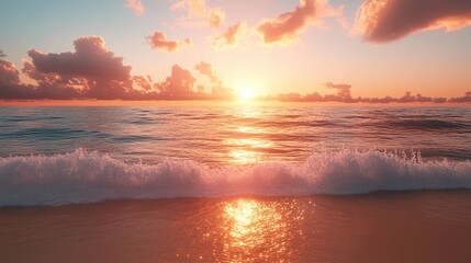 Sunset over a Calm Ocean with a Foamy Wave Crashing on the Beach