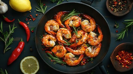 A close-up of a skillet filled with cooked shrimp, rosemary, and red pepper flakes.