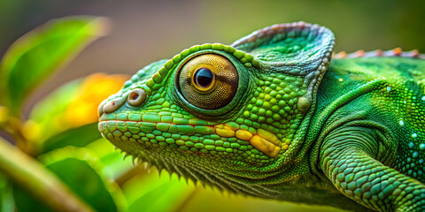 Close up of a green colored chameleon blending into its surroundings, chameleon, reptile, camouflage, wildlife, nature, close up