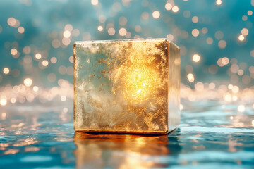 Poster - A golden cube radiates warmth, surrounded by a soft-focus background of shimmering lights. The captivating glow creates a magical atmosphere, drawing the viewer's eye