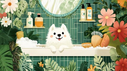 A cheerful white dog enjoying a bath surrounded by tropical plants and grooming supplies in a bright, leafy bathroom