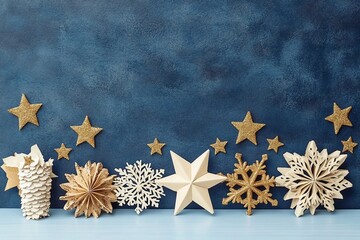 christmas decoration on the blue vintage background. paper snowflakes and gold stars. new year greet