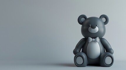 Wall Mural - A simple, cartoon-style black teddy bear with a white bow tie on a light grey background.