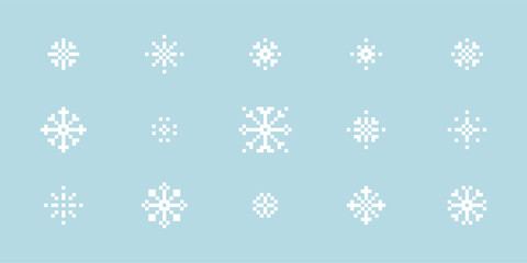 Poster - Set of geometric snowflakes icon in pixel art. Winter decorative game elements. Christmas. Mood of 90's aesthetics. 8-bit retro style pixelated vector illustration. Xmas. Simple geometric shape