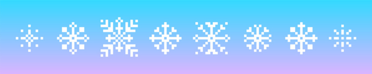 Poster - Set of y2k pixel art snowflakes icons. Winter decorative game elements. Christmas pattern. Mood of 90's aesthetics. 8-bit retro style editable pixel vector illustration. Xmas. Simple geometric shape