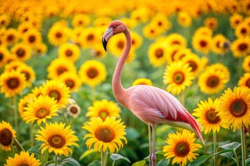 Sticker - Pink flamingo amidst sunflowers in sunlit field