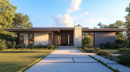 Modern House with Stone Facade and Green Landscaping