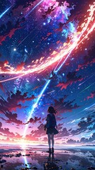 illustration of a girl looking to magnificent night sky in anime style