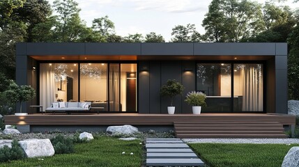 Modern black house with wooden deck and stone path in a forest setting