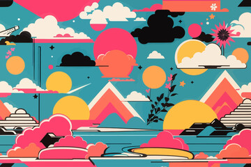 Wall Mural - simple cartoon 80s seamless japan vibe pop art deco illustration