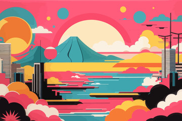 Wall Mural - simple cartoon 80s seamless japan vibe pop art deco illustration