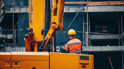 Construction worker in a yellow hardhat operating a crane on a building site.