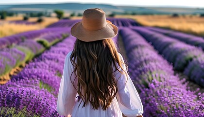 Joyful woman in a sun hat strolling through a vibrant field of purple lavender flowers